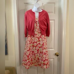 Talbots Coral-colored Floral Dress with Matching Cardigan | EUC | sizes 14 and L